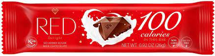 red delight no added sugar reduced caloris milk chocolate. with sweeteners 1/26g