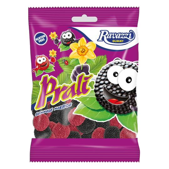 RAVAZZI-GUMMY CANDIES PRALI, BLACKBERRY AND RASPBERRY FLAVOUR, GLUTEN FREE 90G