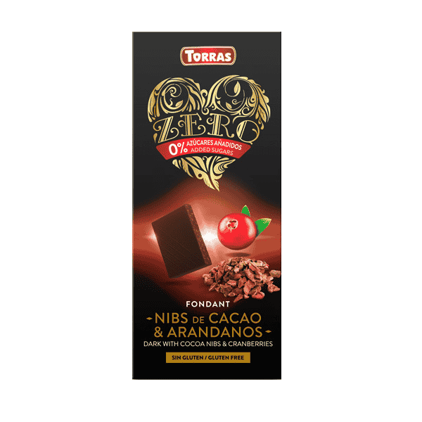 TORRAS-DARK CHOCOLATE WITH COCOA NIBS AND CRANBERRIES, VEGAN, SUGAR AND GLUTEN FREE 125G