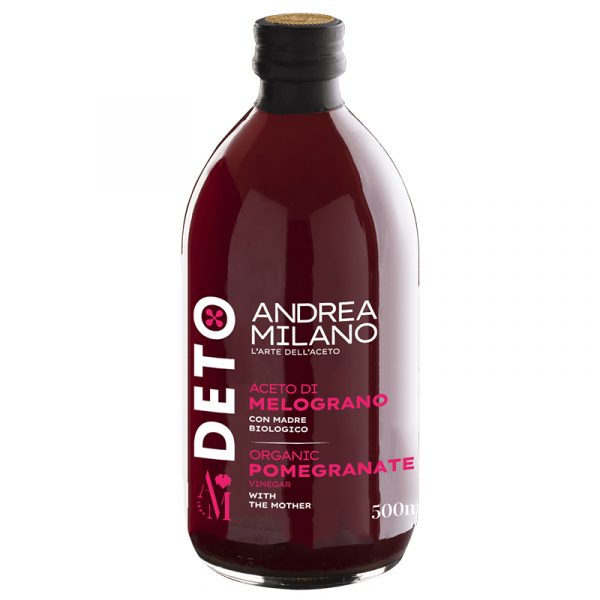 Andrea Milano-Vinegar with Pomegranate Mother. Bio, unfiltered, gluten free. 500 ml