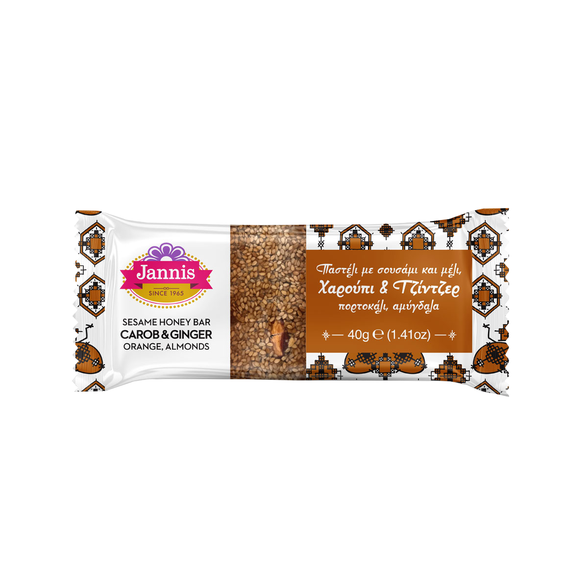 Sesame & Honey bar with Carob, Ginger,
Orange & Almonds 40g