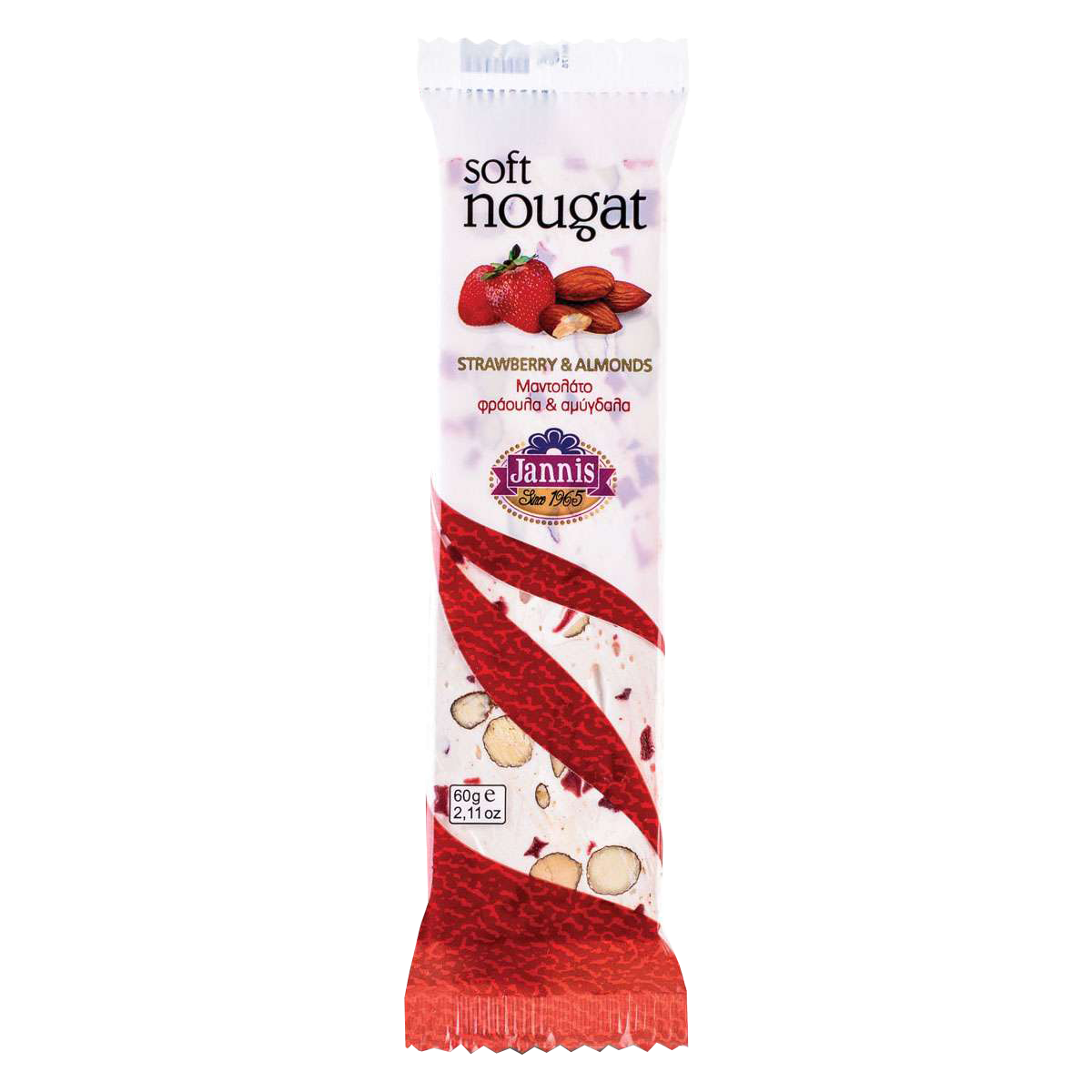 JANNIS-NOUGAT BAR WITH STRAWBERRY AND ALMONDS,LACTOSE FREE 60G