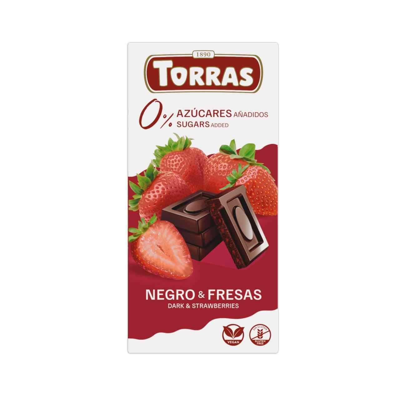 TORRAS-DARK CHOCOLATE BAR WITH STRAWBERRY, VEGAN, SUGAR AND GLUTEN FREE 76G
