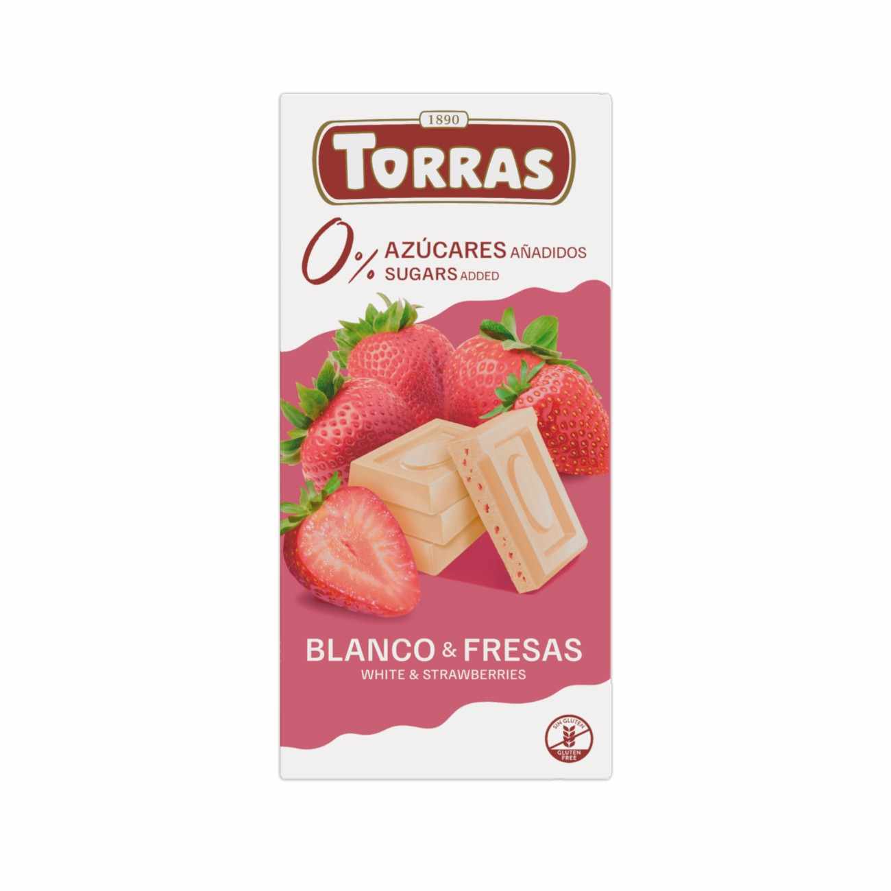 TORRAS-WHITE CHOCOLATE BAR WITH STRAWBERRY, SUGAR AND GLUTEN FREE 75G