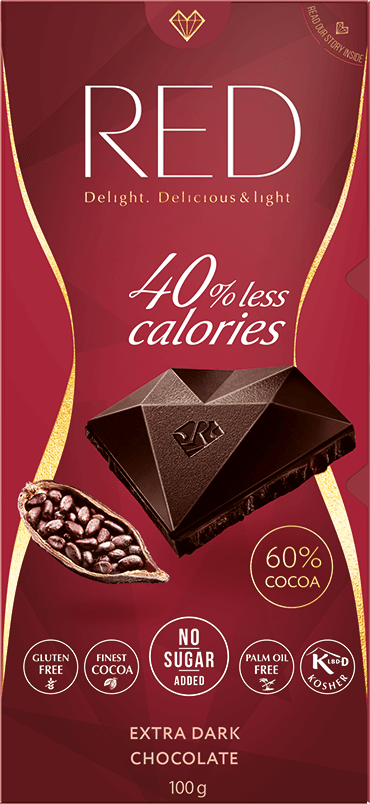 red delight no added sugar reduced calories extra dark chocolate, 60% cocoa. withsweeteners 1/100g