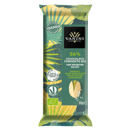 VANINI-BIO DARK CHOCOLATE BAR 56% CACAO WITH PISTACHIOS, VEGAN, GLUTEN FREE 100G