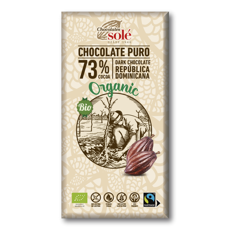 სოლე-შავი შოკოლადი 73%-იანი  კაკაოთი, ბიო,ვეგანური, უგლუტენო 100გრ