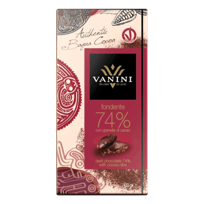 VANINI-DARK CHOCOLATE BAR 74% CACAO WITH COCOA NIBS, VEGAN, GLUTEN FREE 100G