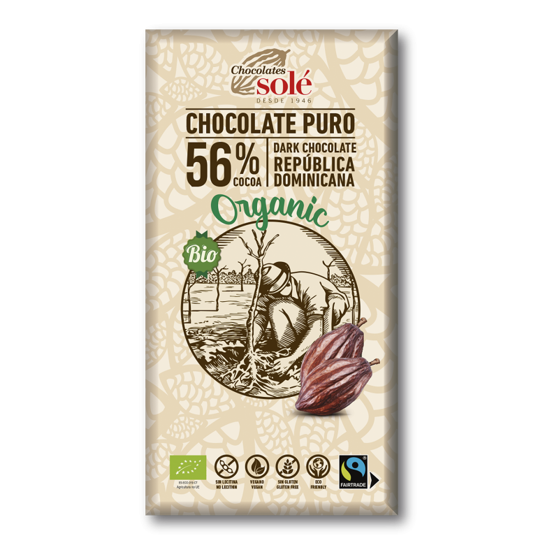 სოლე-შავი შოკოლადი კაკაოთი 56%-იანი,ბიო,ვეგანური, უგლუტენო 100გრ