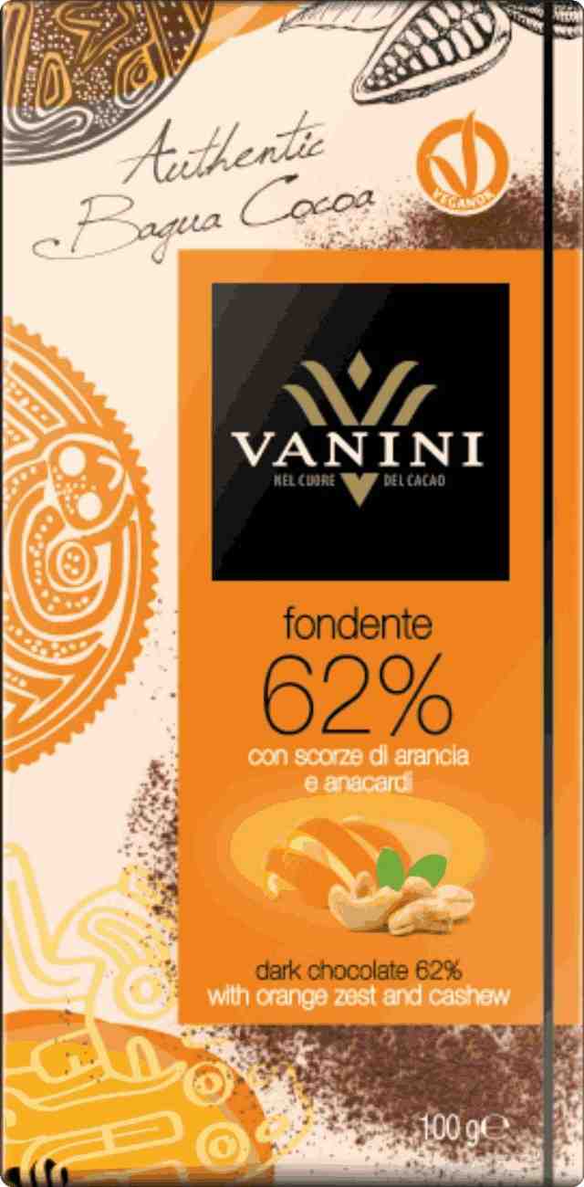 ვანინი-შავი შოკოლადის ფილა 62%, ფორთოხლის ცედრით და ქეშიუთი უგლუტენო 100გრ.