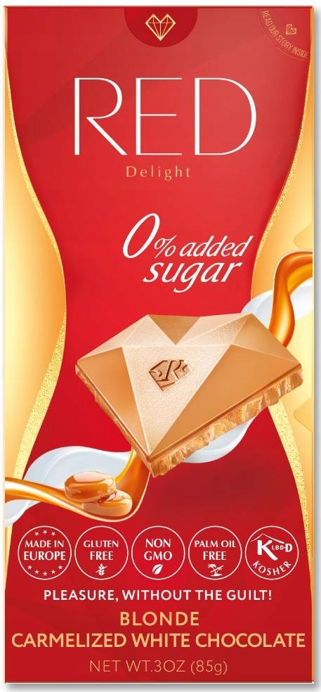 red delight no added sugar caramelized white chocolate <blonde> . with sweeteners 1/85g