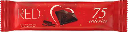 red delight no added sugar reduced caloris dark chocolate. with sweeteners 1/26g