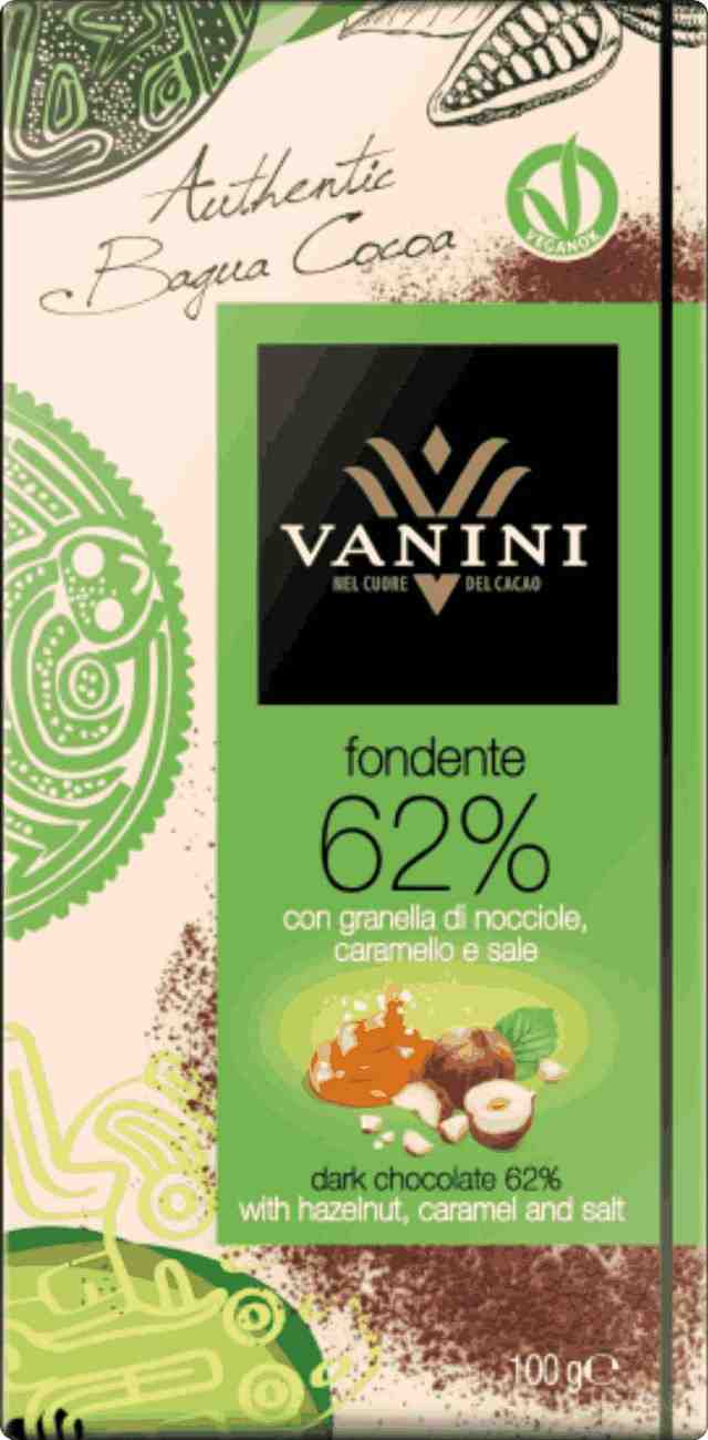 VANINI-DARK CHOCOLATE BAR 62% CACAO WITH HAZELNUTS, CARAMEL AND SALT, GLUTEN FREE 100G
