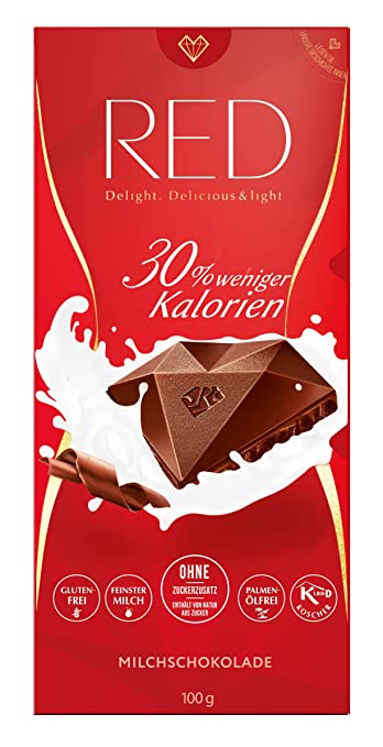 red delight no added sugar reduced calories milk chocolate. with sweeteners 1/100g