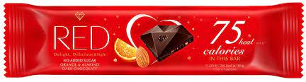 red delight no added sugar reduced caloris orange and almond dark chocolate. with sweeteners 1/26g