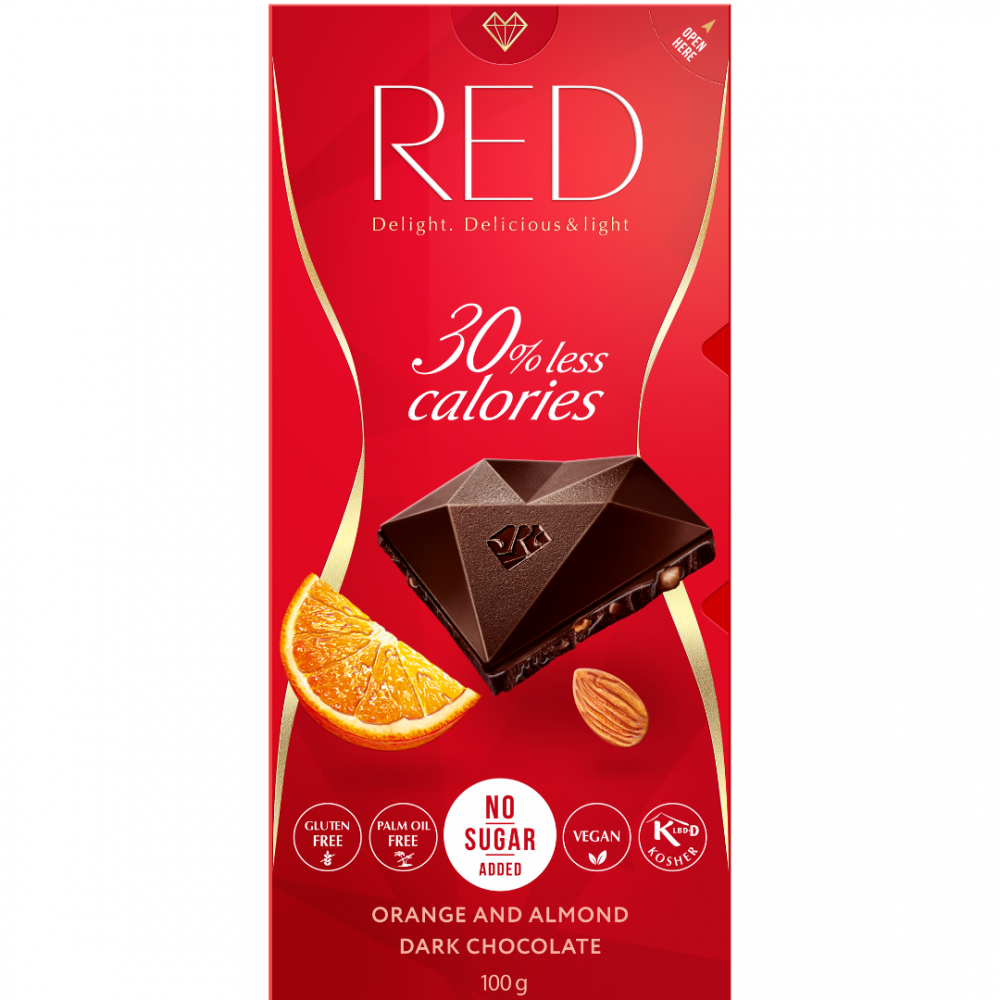 red delight no added sugar reduced calories orange and almond dark chocolate. with sweeteners 1/100g