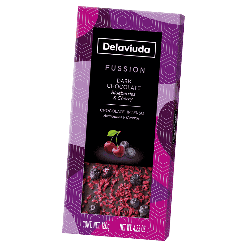DELAVIUDA DARK CHOCOLATE BAR W/ CHERRY & BLUEBERRY 120G