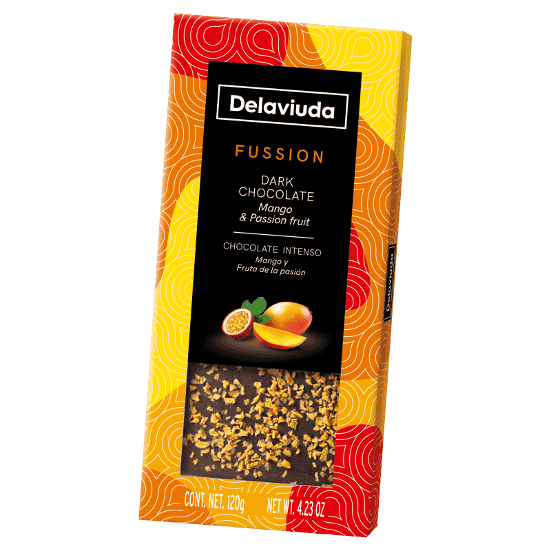 DELAVIUDA DARK CHOCOLATE W/MANGO &PASSION FRUIT 120G