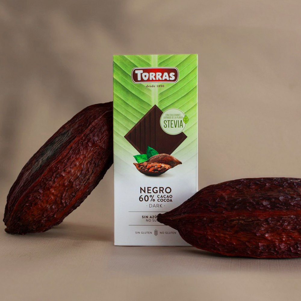 შოკოლადი. ესპანური შოკოლადი ტორასი - TORRAS. დამზადებულია ნატურალური კაკაოსგან. არ შეიცავს გლუტენს. უშაქრო შოკოლადი, დამზადებულია სტევიაზე